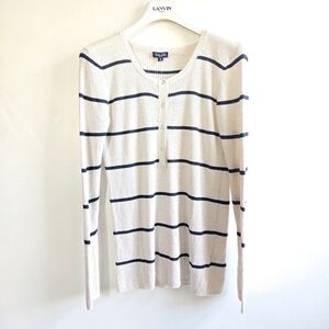 New Splendid Henley Ribbed Striped Long Sleeve Cream/Navy Pullover Sweater Large